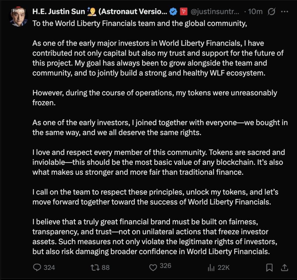 WLFI Justin Sun response